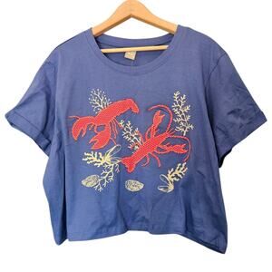 NWT Women Messy Bun Blue Cropped Short Sleeve Shirt Red Polka Dot Lobsters XL